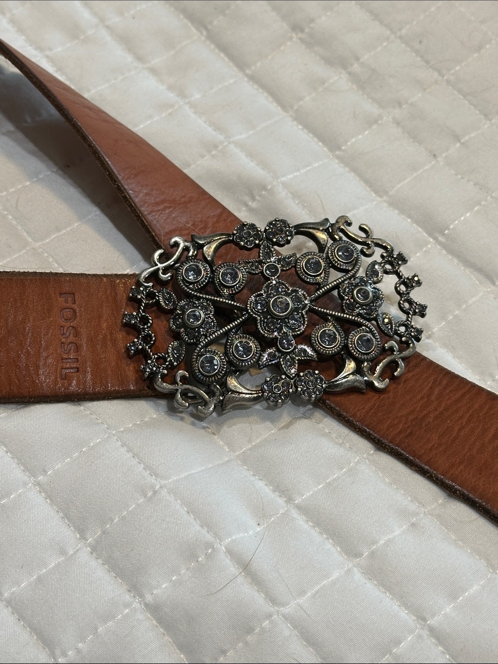 Fossil Women's Brown Leather Belt with Decorative Silver Bling Buckle